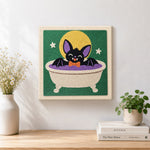 Finished cute bat taking bath artwork displayed on a wall