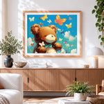 Finished cute bear and butterflies paint by numbers artwork displayed as home decor