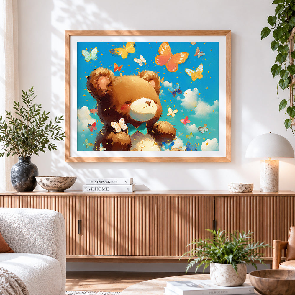 Finished cute bear and butterflies paint by numbers artwork displayed as home decor