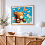 Cute bear and butterflies paint by numbers artwork displayed on wall as home decor