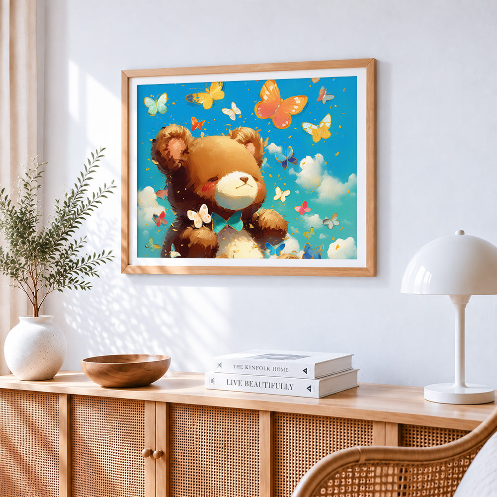Cute bear and butterflies paint by numbers artwork displayed on wall as home decor