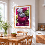 Cute bear on a bauble cross stitch artwork displayed on wall as home decor