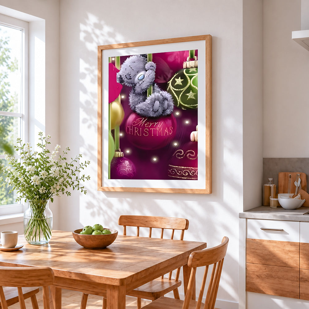 Cute bear on a bauble paint by numbers artwork displayed on wall as home decor