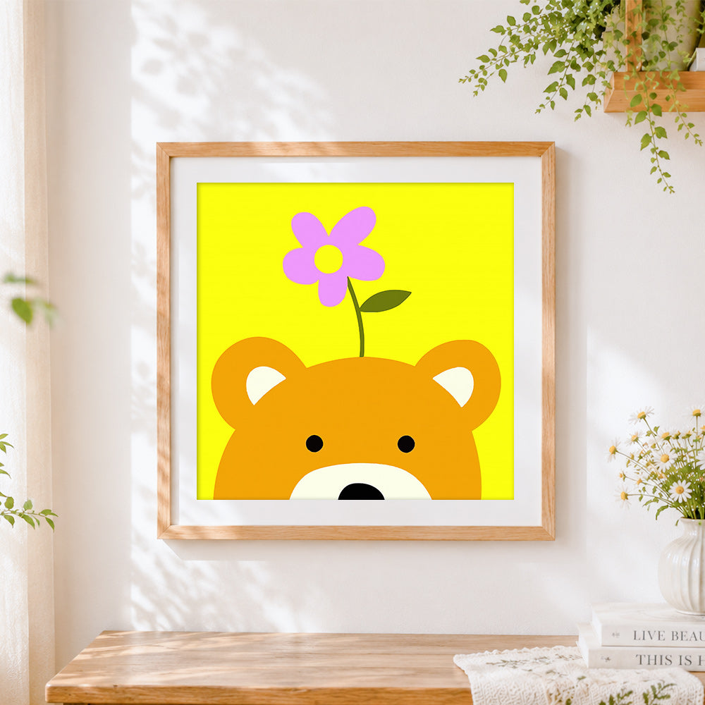 Finished cute bear with flower on head cross stitch artwork displayed