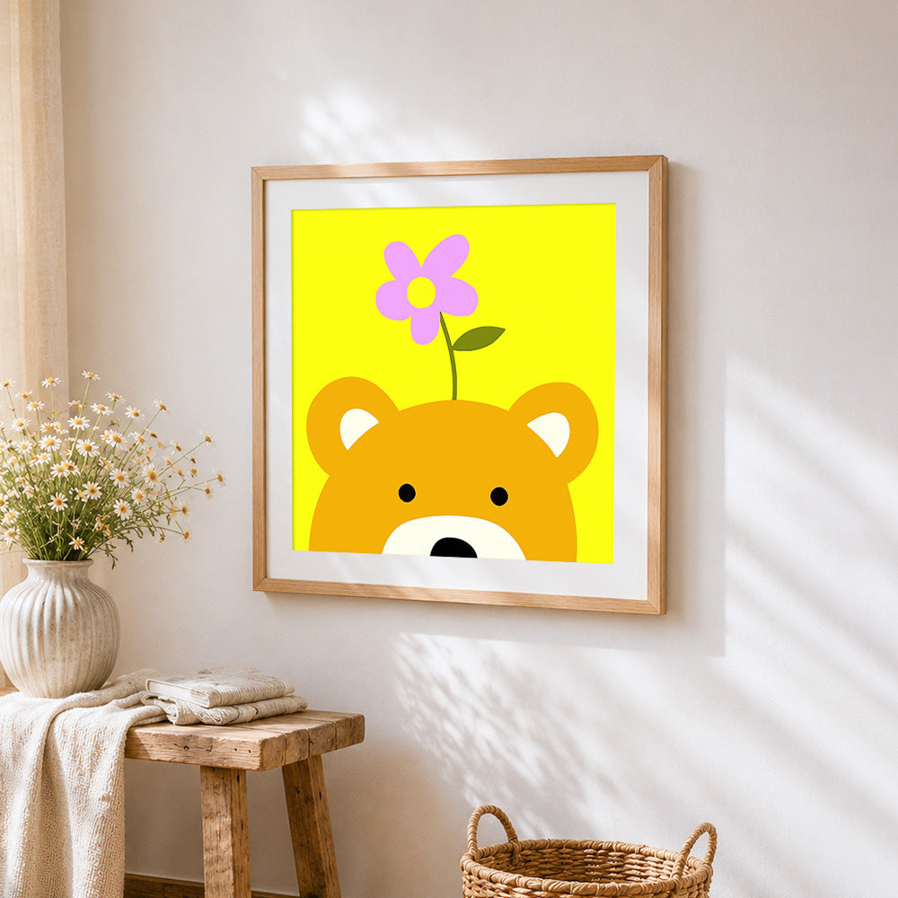 Cute bear with flower on head cross stitch artwork displayed on wall as home decor