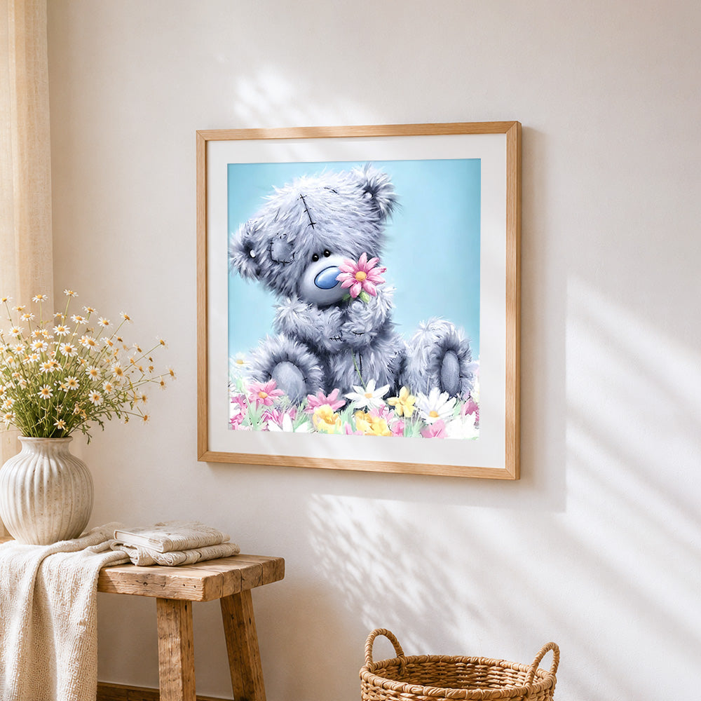Cute bear with pink flowers paint by numbers artwork displayed on wall as home decor