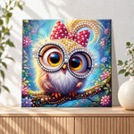 Finished cute big‑eyed owl in magic forest pearl diamond painting artwork displayed as holiday home decor