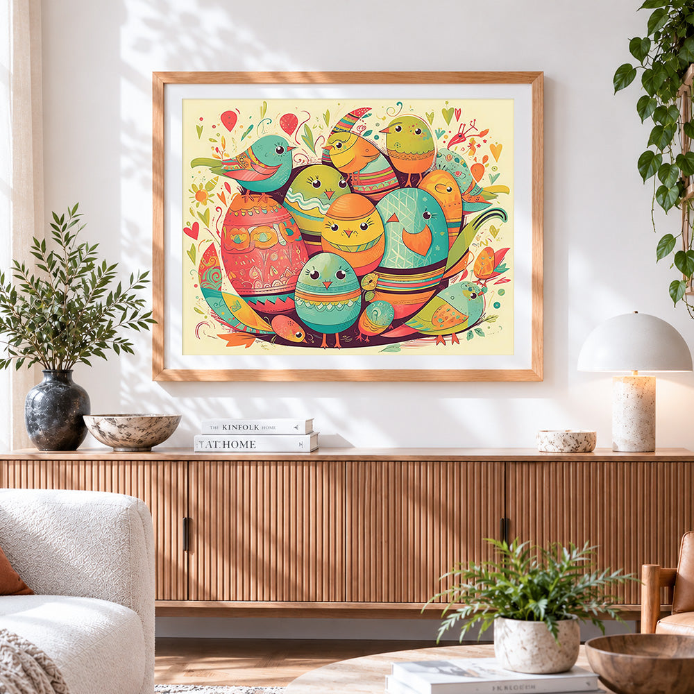 Finished cute birds and easter eggs cross stitch artwork displayed