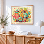 Cute birds and easter eggs cross stitch artwork displayed on wall as home decor