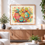 Finished cute birds and easter eggs paint by numbers artwork displayed as home decor
