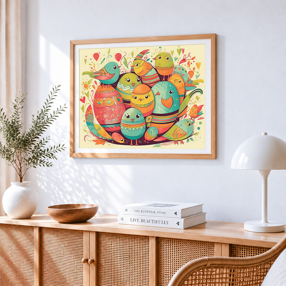 Cute birds and easter eggs paint by numbers artwork displayed on wall as home decor