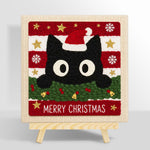 Cute black cat christmas portrait punch needle kit for beginners