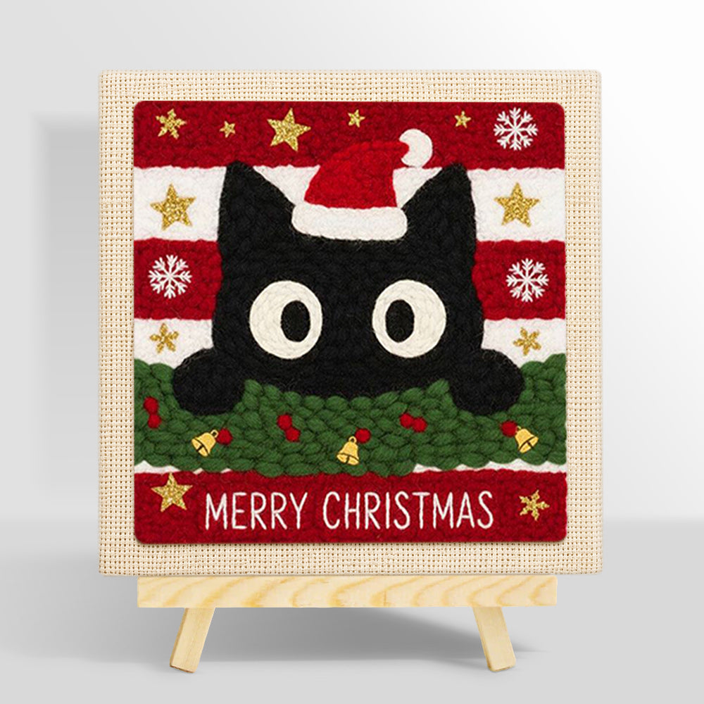 Cute black cat christmas portrait punch needle kit for beginners