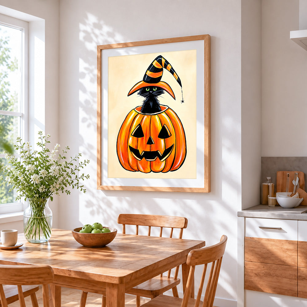 Cute black cat in a pumpkin cross stitch artwork displayed on wall as home decor