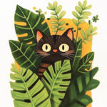 Cute black cat peeking through monstera leaves cross stitch kit for beginners