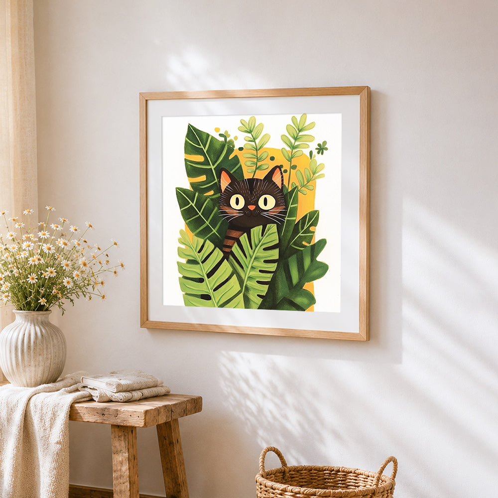 Cute black cat peeking through monstera leaves cross stitch artwork displayed on wall as home decor