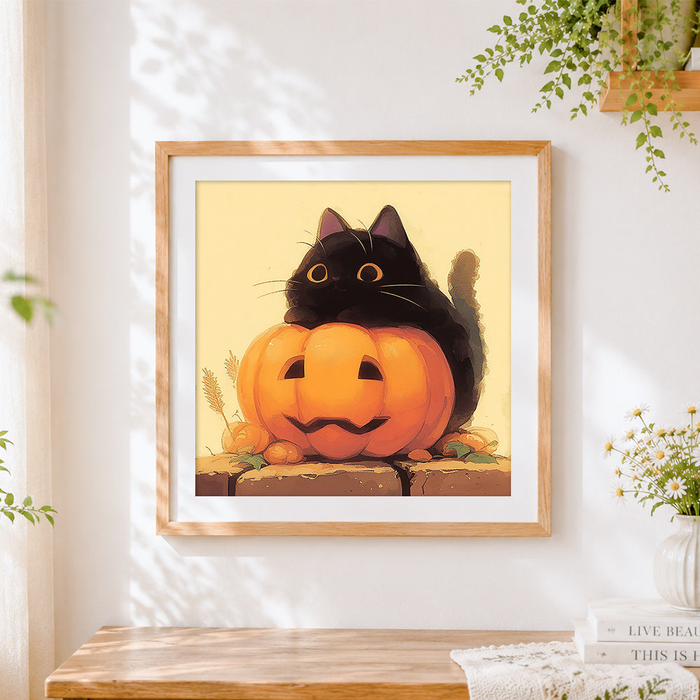 Finished cute black cat resting on a pumpkin cross stitch artwork displayed