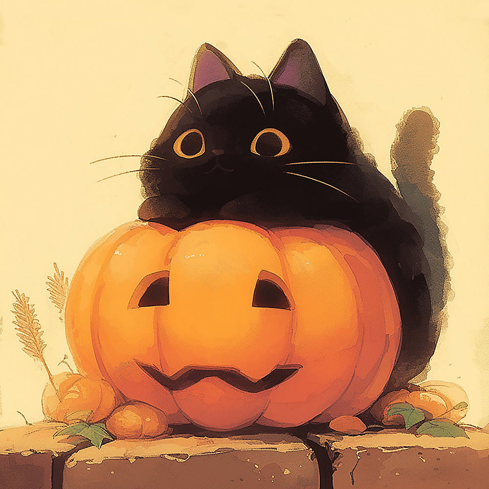 Cute black cat resting on a pumpkin cross stitch kit for beginners