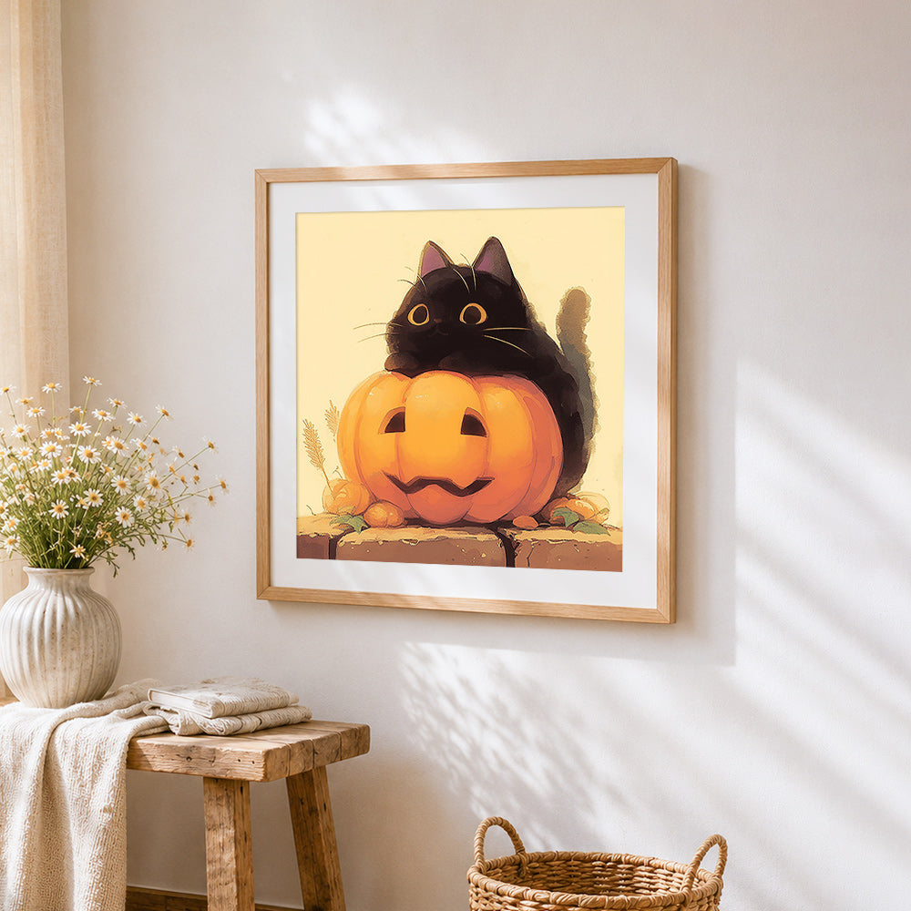 Cute black cat resting on a pumpkin cross stitch artwork displayed on wall as home decor