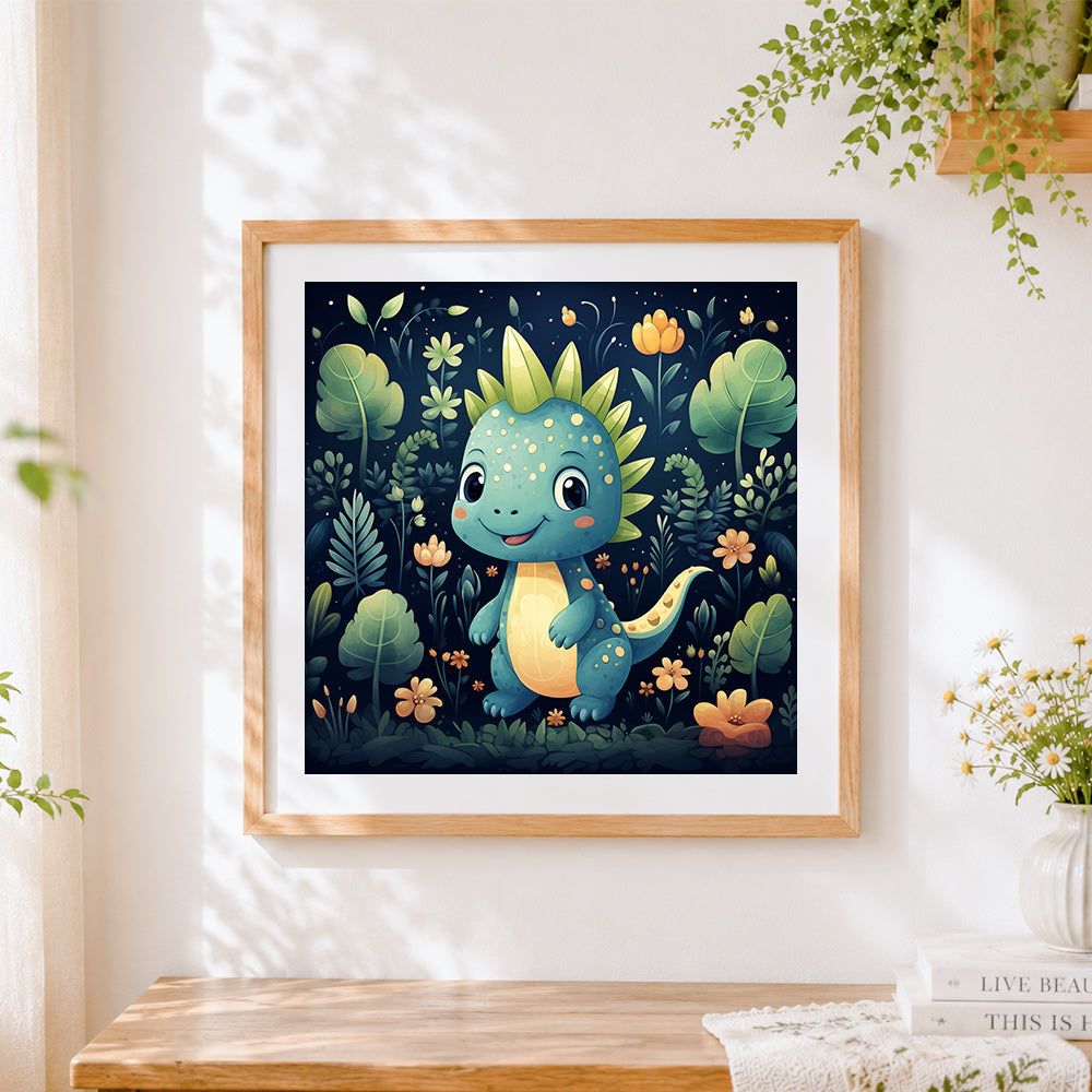 Finished cute blue dinosaur cross stitch artwork displayed