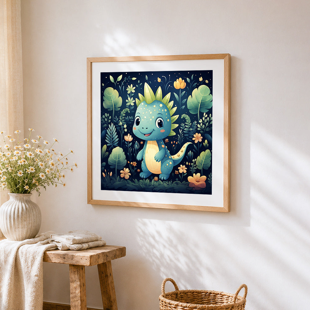 Cute blue dinosaur cross stitch artwork displayed on wall as home decor