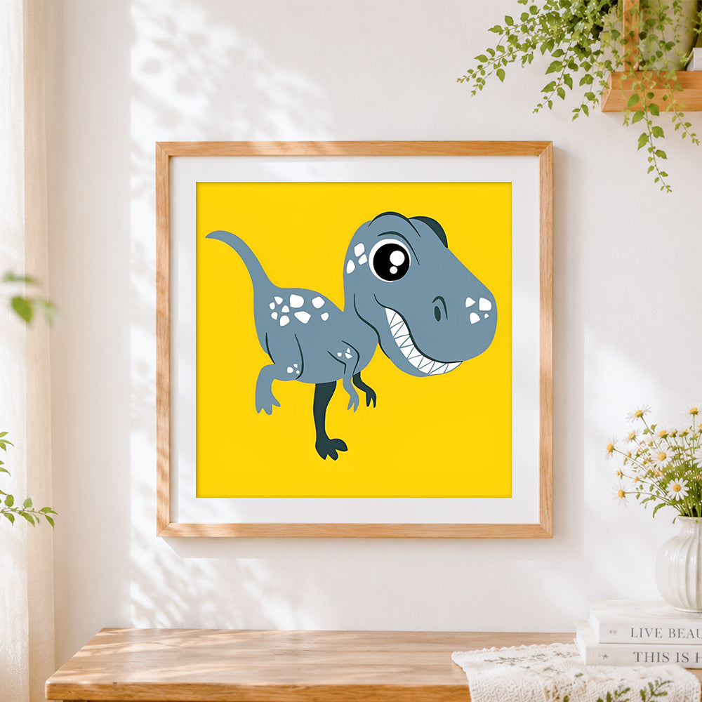 Finished cute blue t-rex dinosaur cross stitch artwork displayed