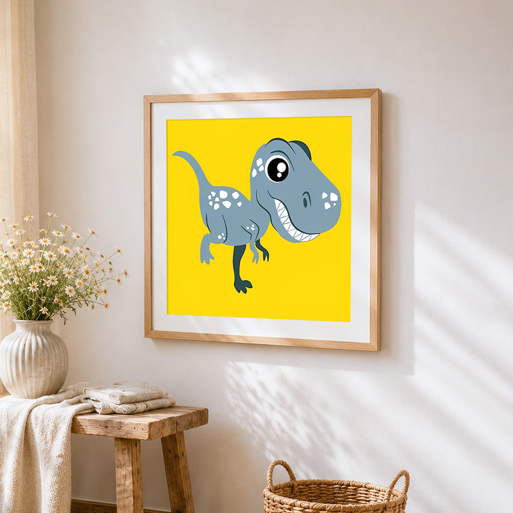 Cute blue t-rex dinosaur cross stitch artwork displayed on wall as home decor
