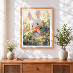 Finished cute bunny eating a carrot cross stitch artwork displayed