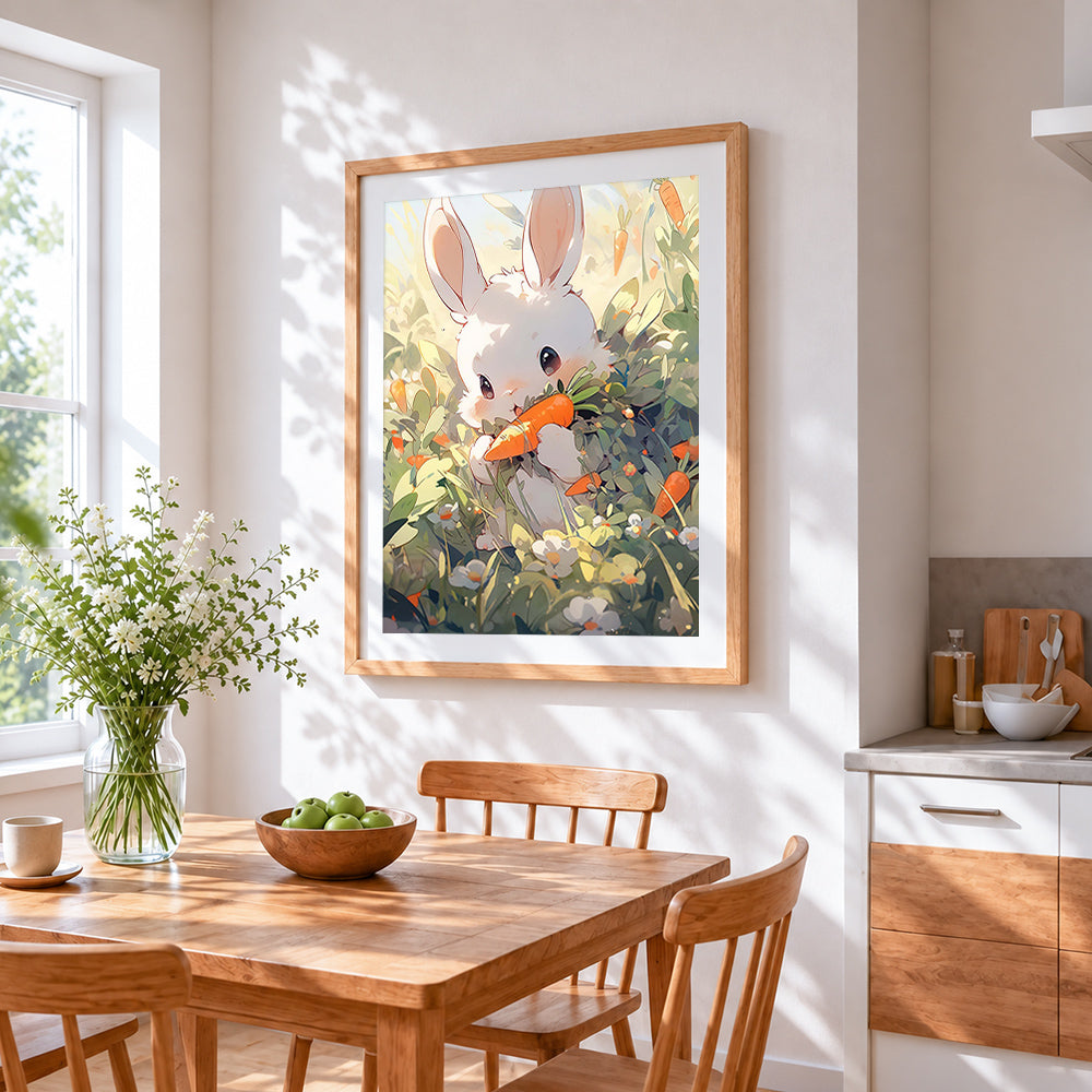 Cute bunny eating a carrot cross stitch artwork displayed on wall as home decor