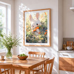 Cute bunny eating a carrot cross stitch artwork displayed on wall as home decor