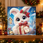 Finished cute bunny noel greeting pearl diamond painting artwork displayed as holiday home decor