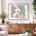 Finished cute bunny opening a gift cross stitch artwork displayed