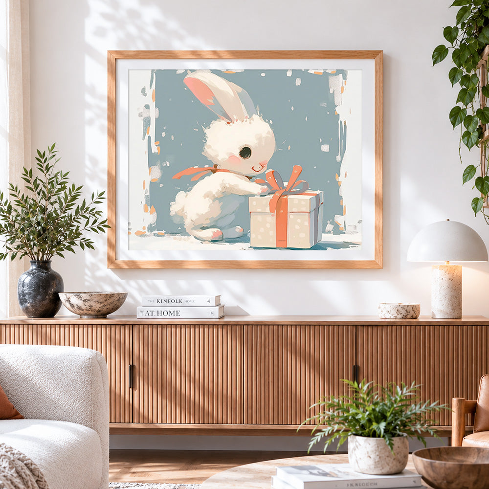 Finished cute bunny opening a gift cross stitch artwork displayed