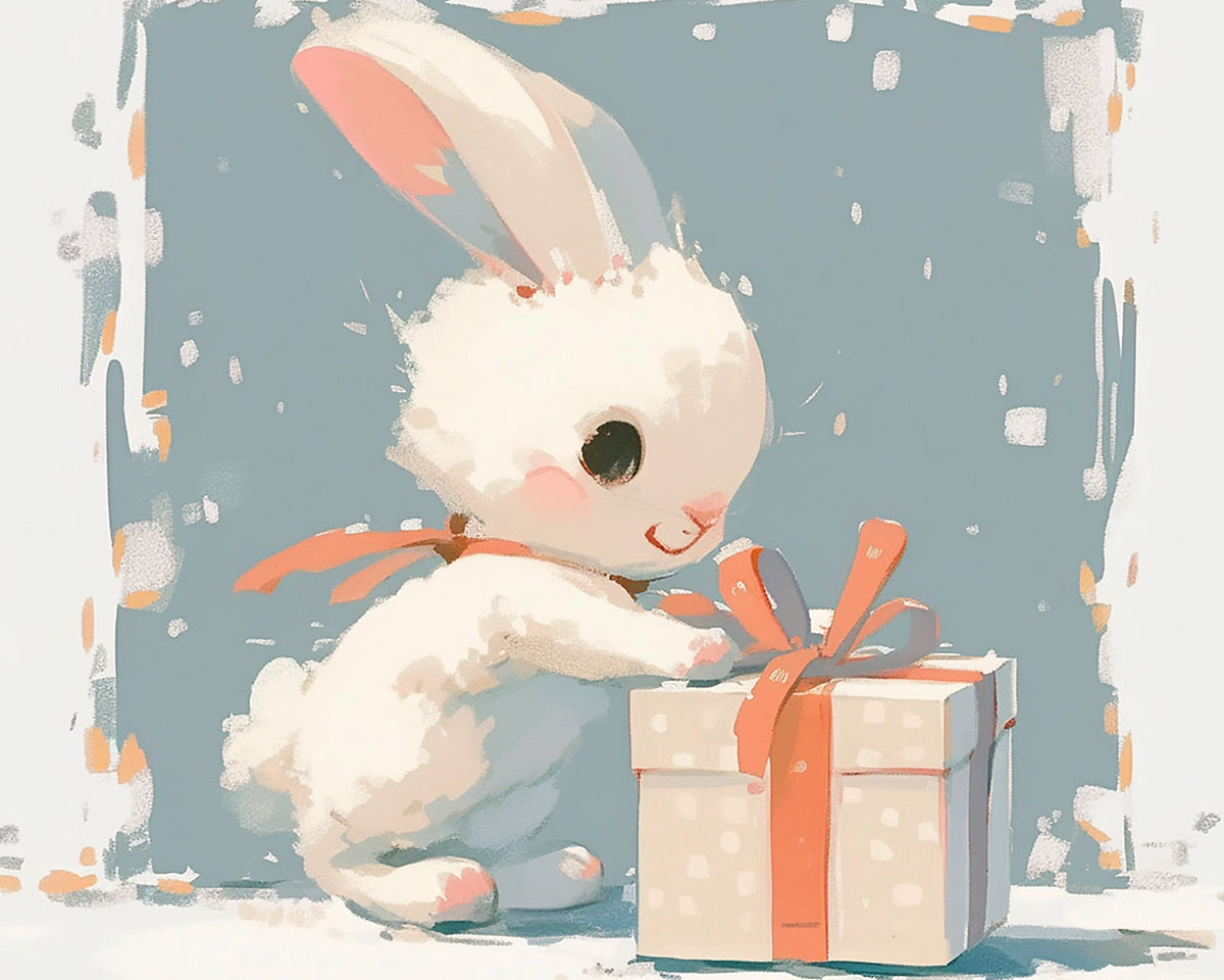Cute bunny opening a gift cross stitch kit for beginners