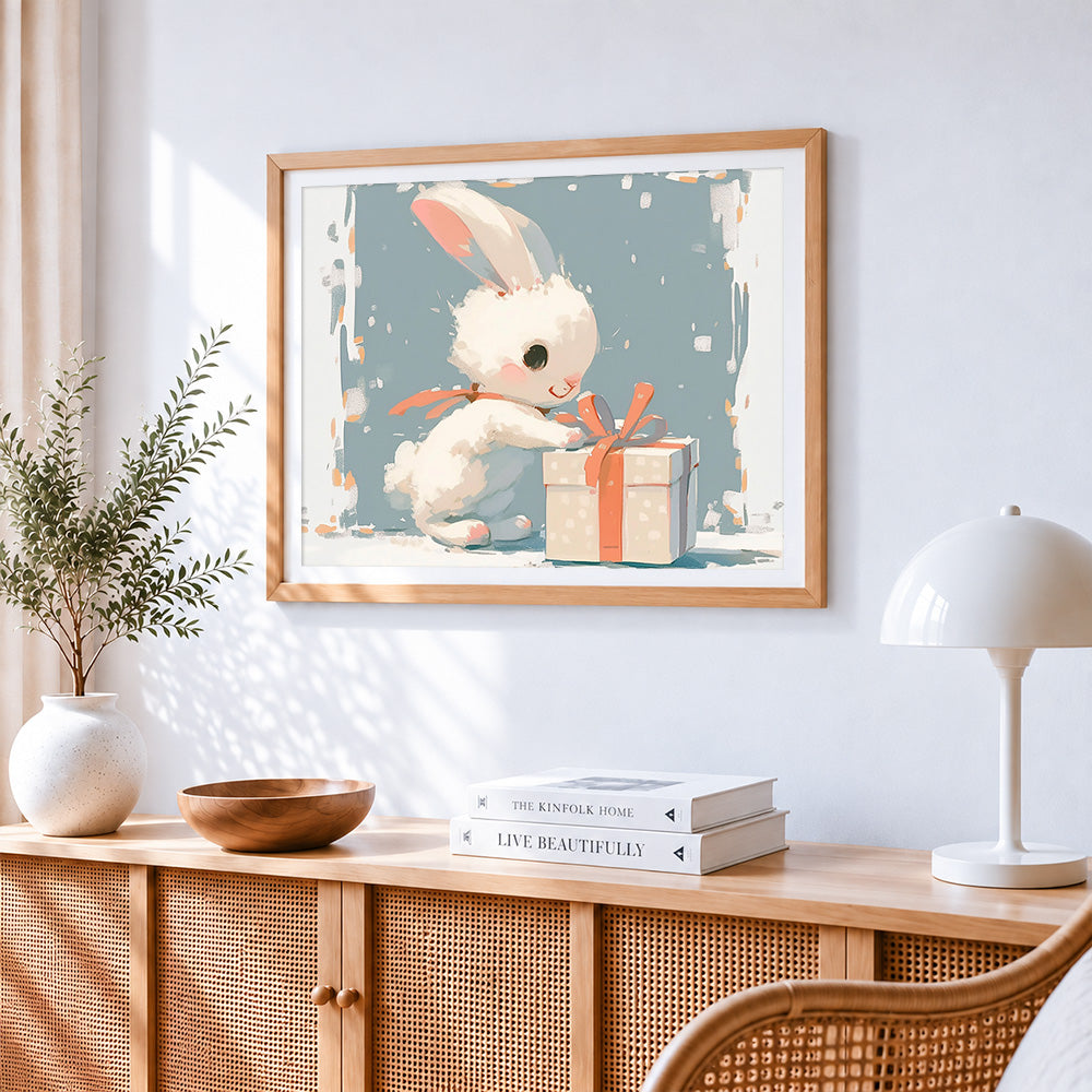 Cute bunny opening a gift cross stitch artwork displayed on wall as home decor