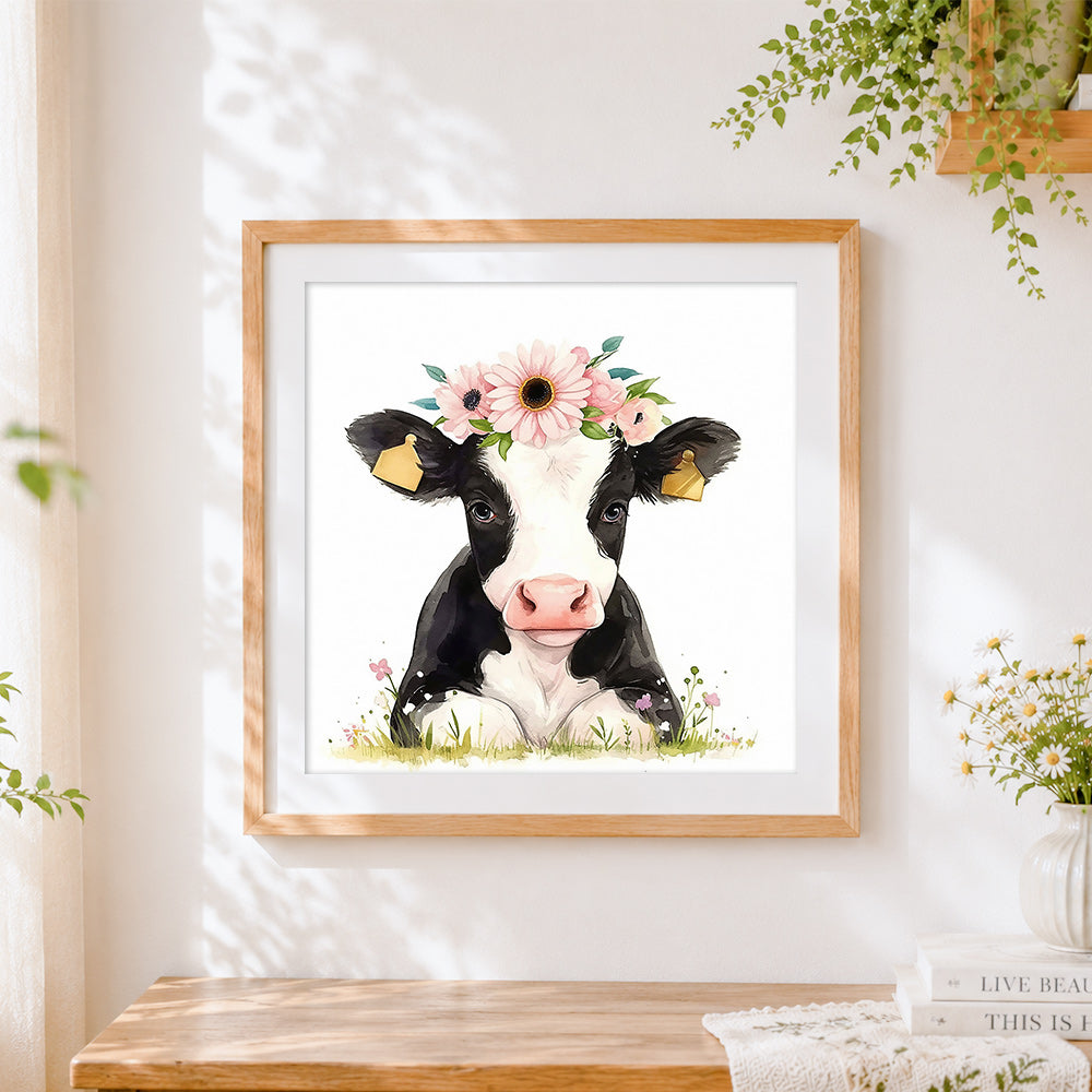 Finished cute calf with a pink floral crown cross stitch artwork displayed