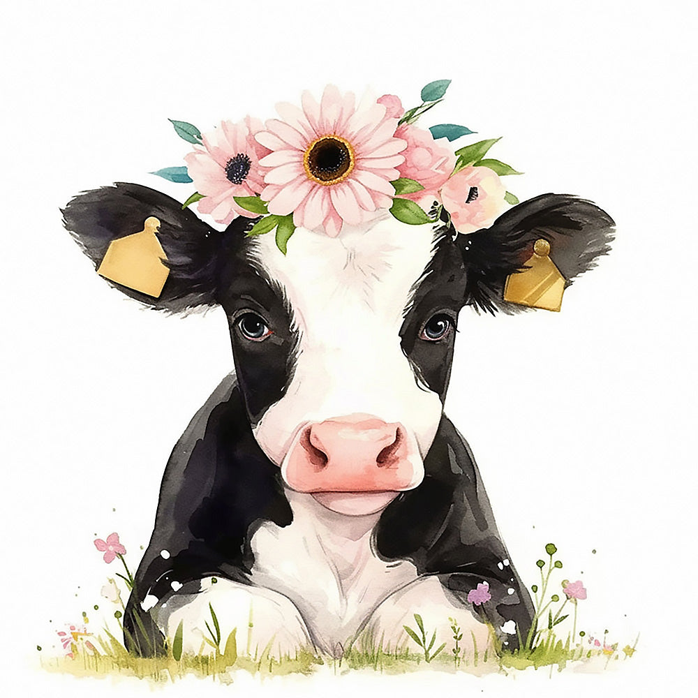 Cute calf with a pink floral crown cross stitch kit for beginners