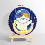 Cute calico cat astronaut on rainbow moon punch needle kit for beginners