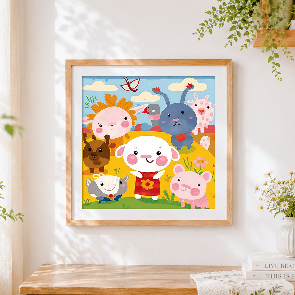Finished cute cartoon animal friends cross stitch artwork displayed