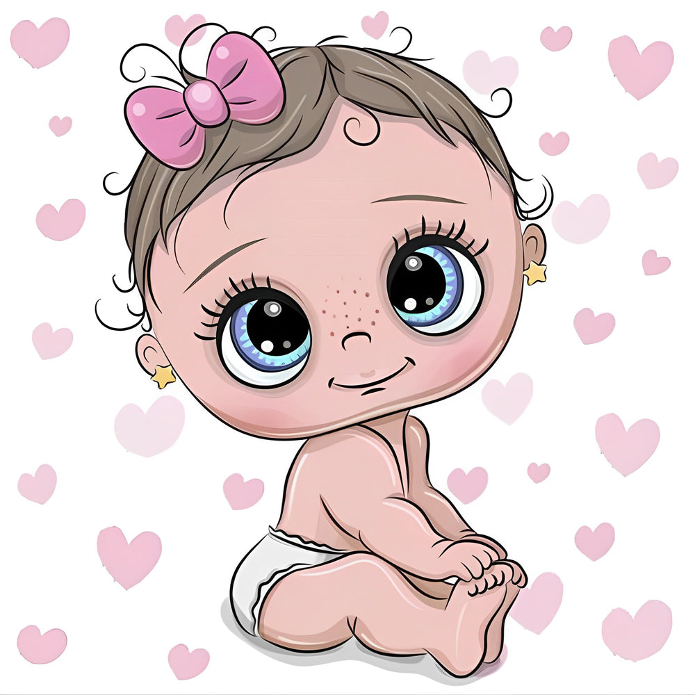 Cute cartoon baby girl with pink hearts cross stitch kit for beginners