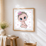 Cute cartoon baby girl with pink hearts cross stitch artwork displayed on wall as home decor