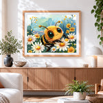 Finished cute cartoon bee among daisies cross stitch artwork displayed
