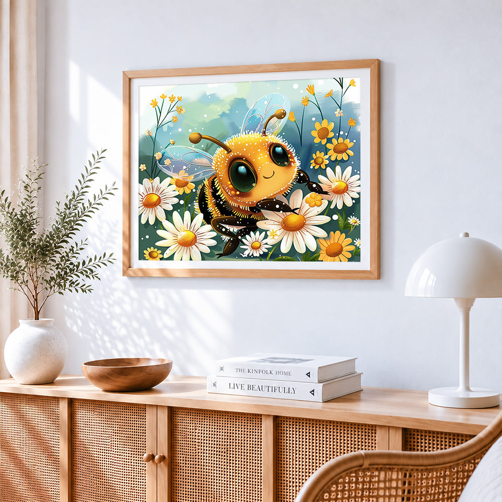 Cute cartoon bee among daisies cross stitch artwork displayed on wall as home decor