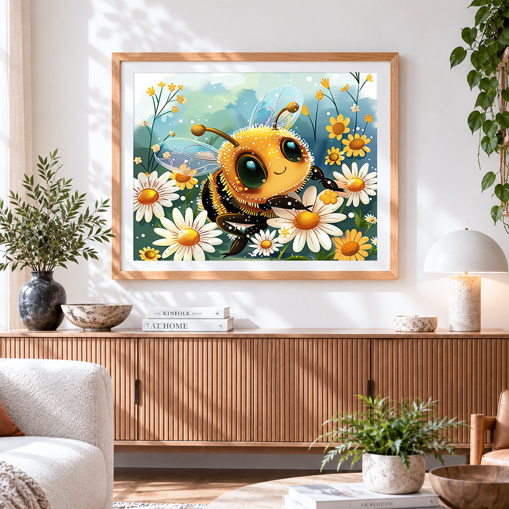 Finished cute cartoon bee among daisies paint by numbers artwork displayed as home decor