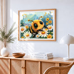 Cute cartoon bee among daisies paint by numbers artwork displayed on wall as home decor