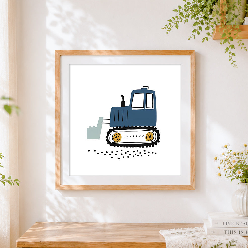 Finished cute cartoon blue digger cross stitch artwork displayed