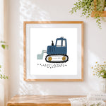 Finished cute cartoon blue digger cross stitch artwork displayed