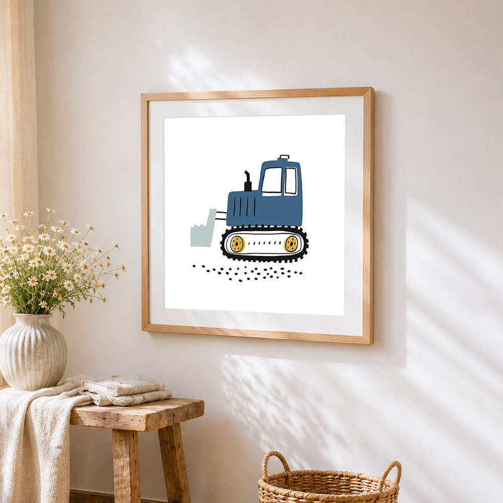 Cute cartoon blue digger cross stitch artwork displayed on wall as home decor