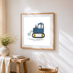 Cute cartoon blue digger cross stitch artwork displayed on wall as home decor