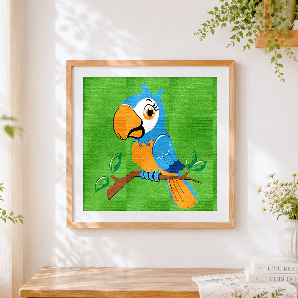 Finished cute cartoon blue parrot cross stitch artwork displayed